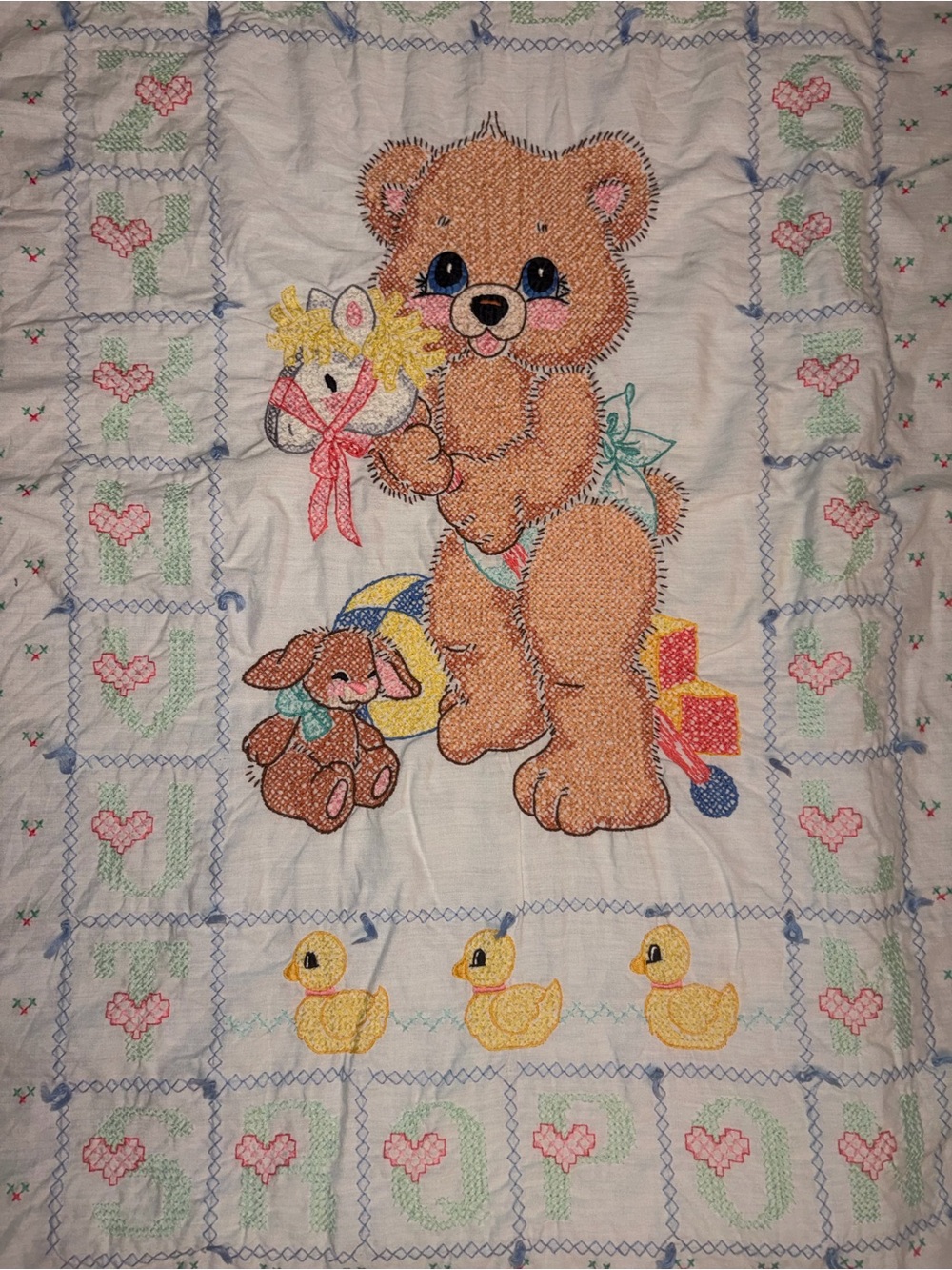 Embroidered Teddy Bear Baby Quilt in Brown and Pastel Colors+a matching sheet
